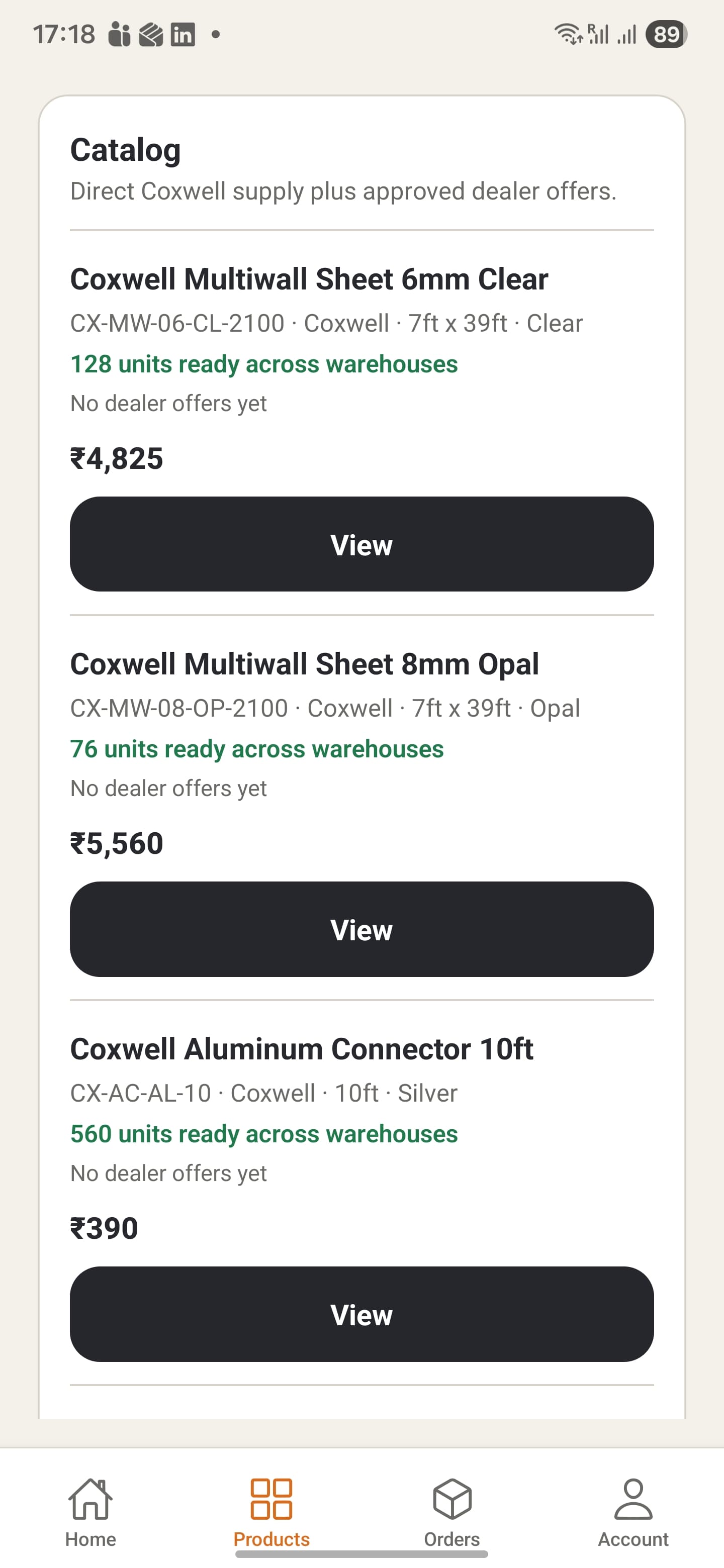 Polykart mobile app catalog showing direct Coxwell supply