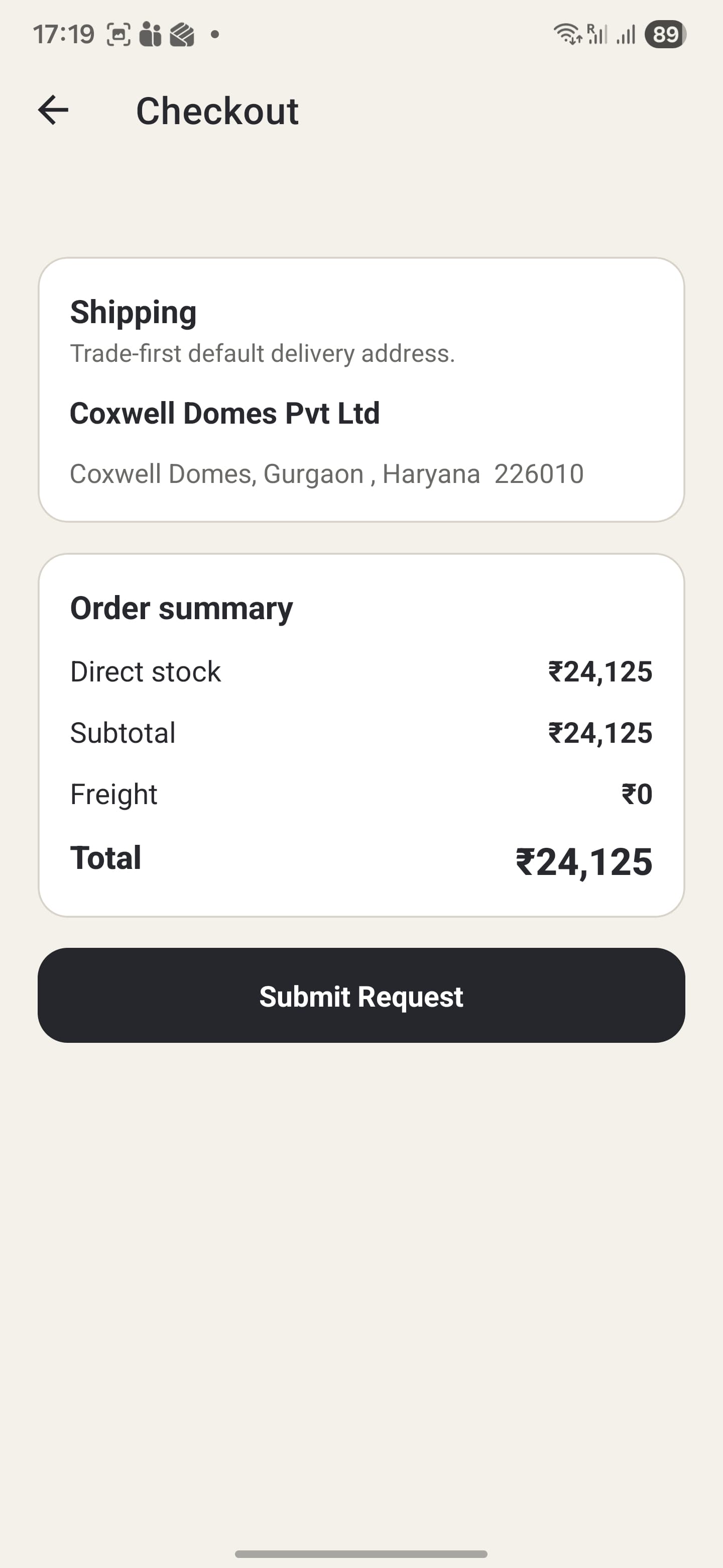 Polykart mobile app checkout screen showing shipping details and order summary