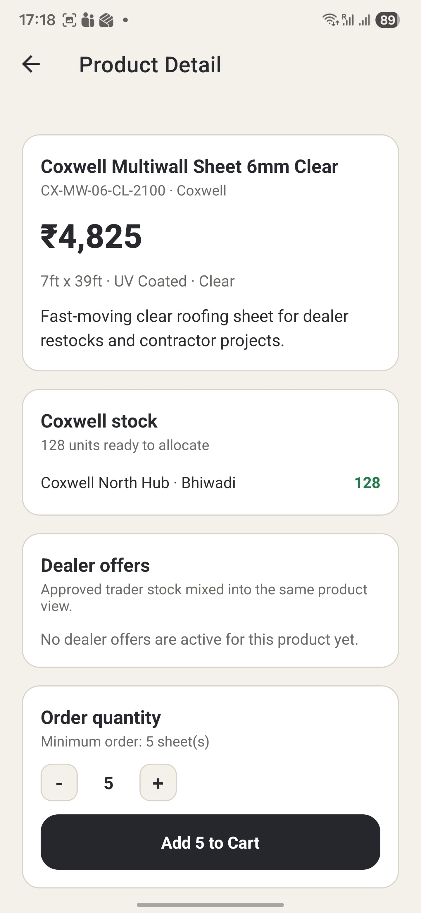 Polykart mobile app product detail screen with Coxwell stock and dealer offers